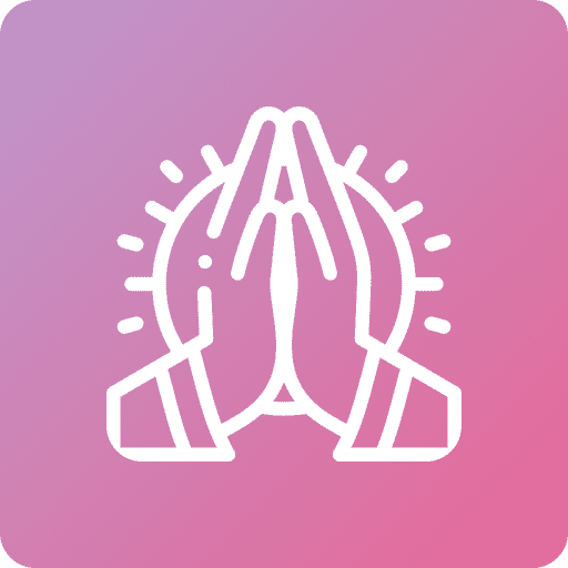 Praying hands icon on purple gradient background.