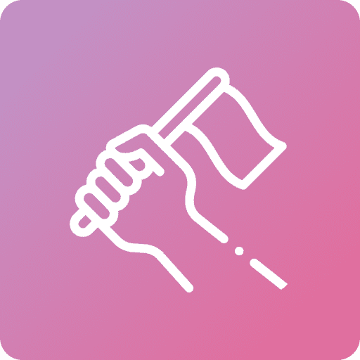 Hand holding flag on pink background.