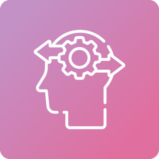 Head silhouette with arrows and gear.